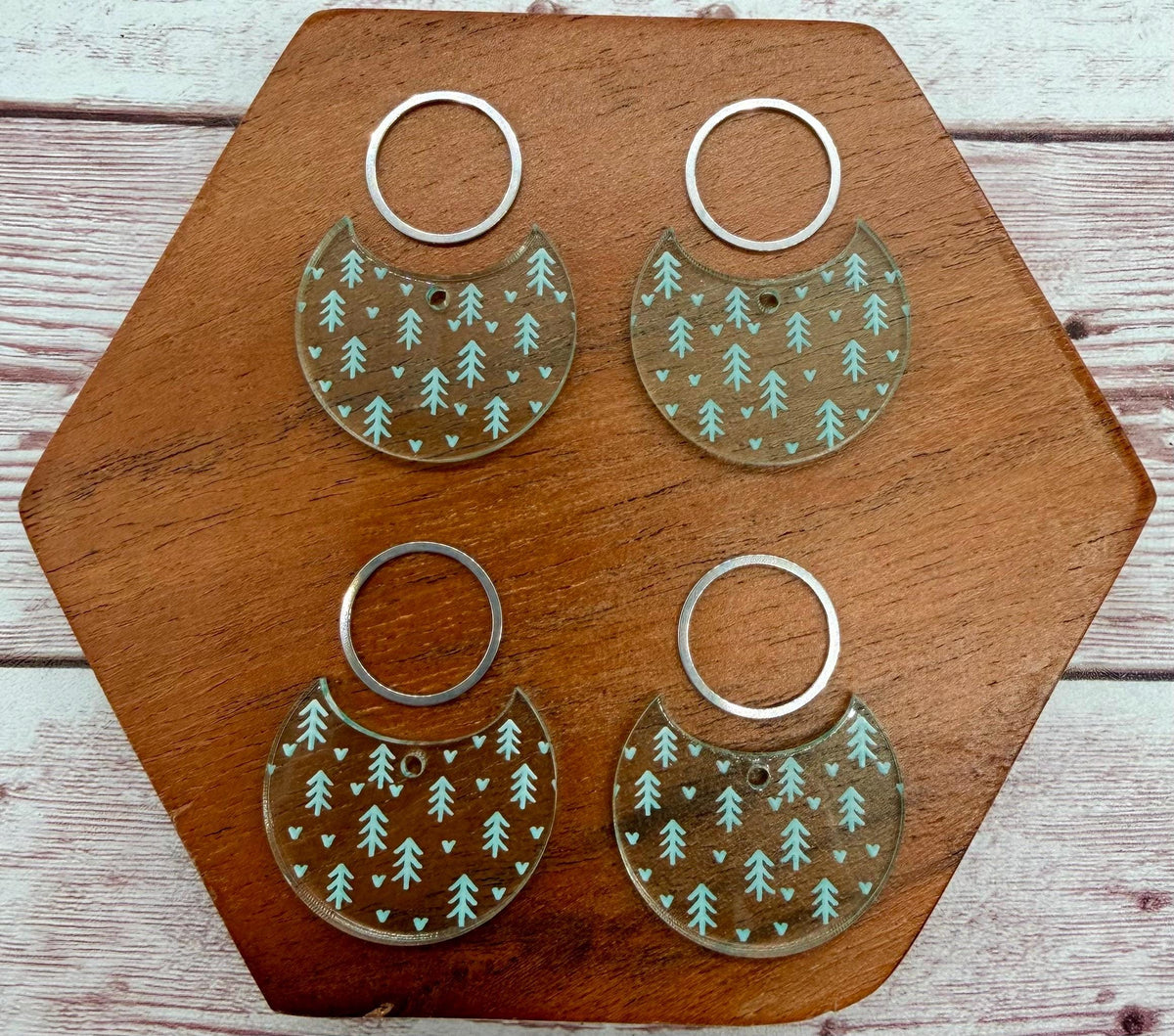 Engraved Winter Tree and Heart Green Glass Acrylic and Silver Circle Set Earring Blanks, DIY Jewelry Making