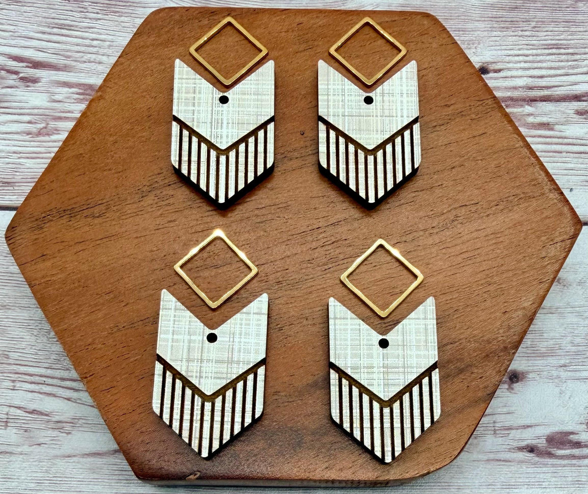Engraved Arrow Patterned Wood and Gold Connector Set Earring Blanks, DIY Jewelry Making