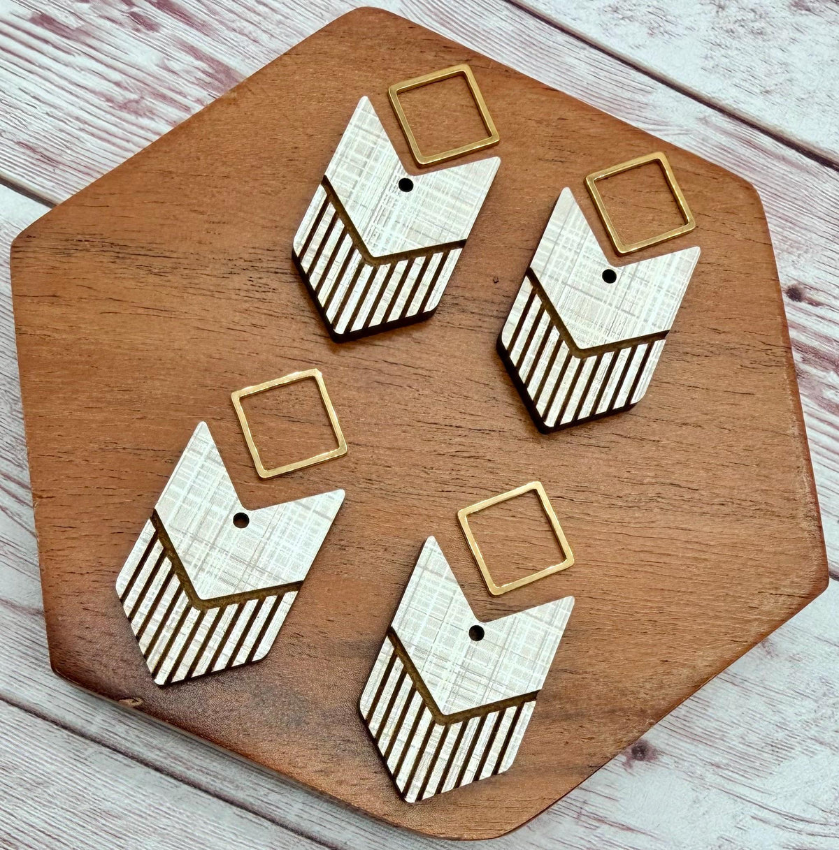 Engraved Arrow Patterned Wood and Gold Connector Set Earring Blanks, DIY Jewelry Making