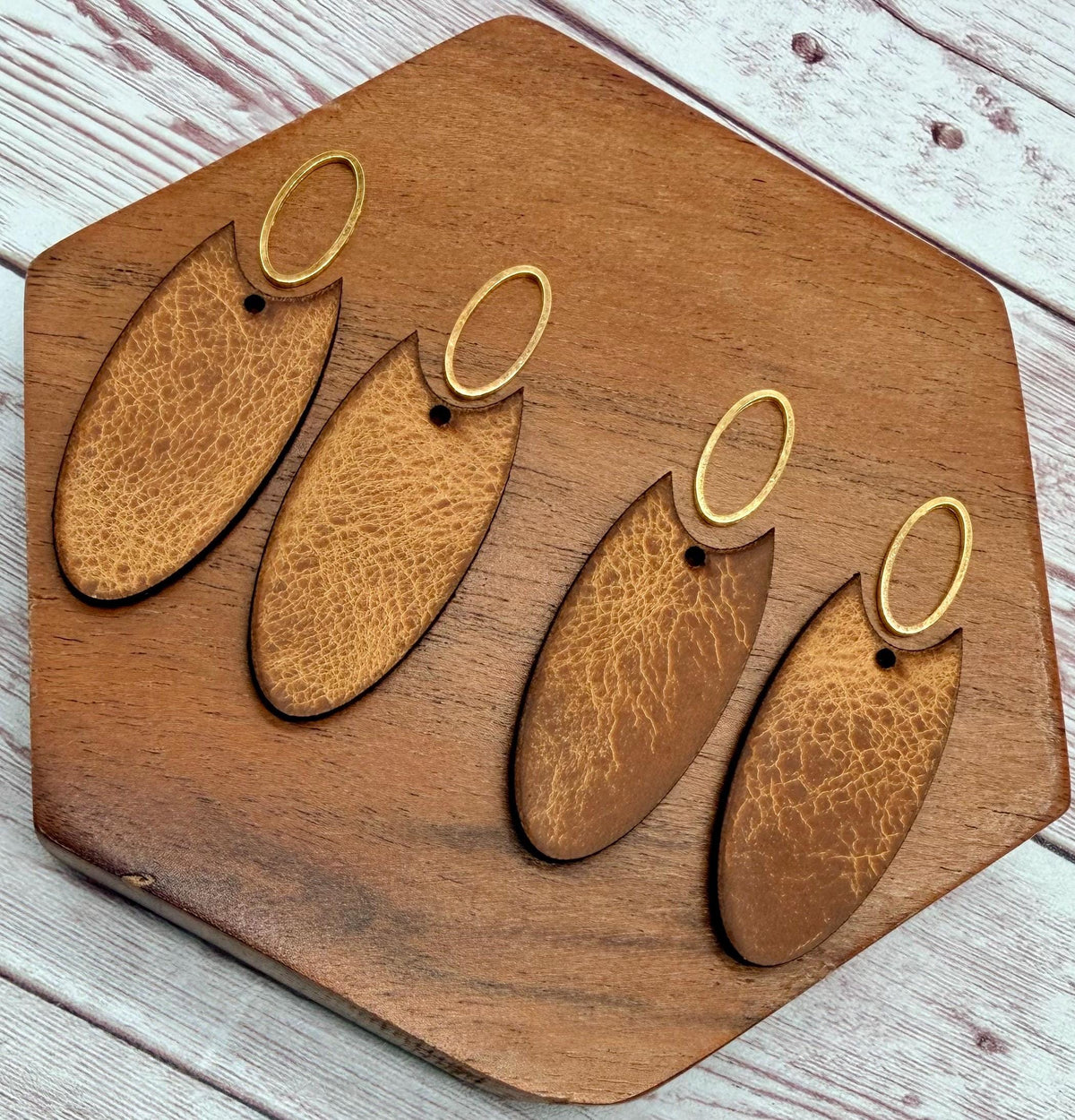 Natural Vegetable Tanned Leather Elongated Oval and Gold Oval Connector Set, Earring Blanks, DIY Jewelry Making