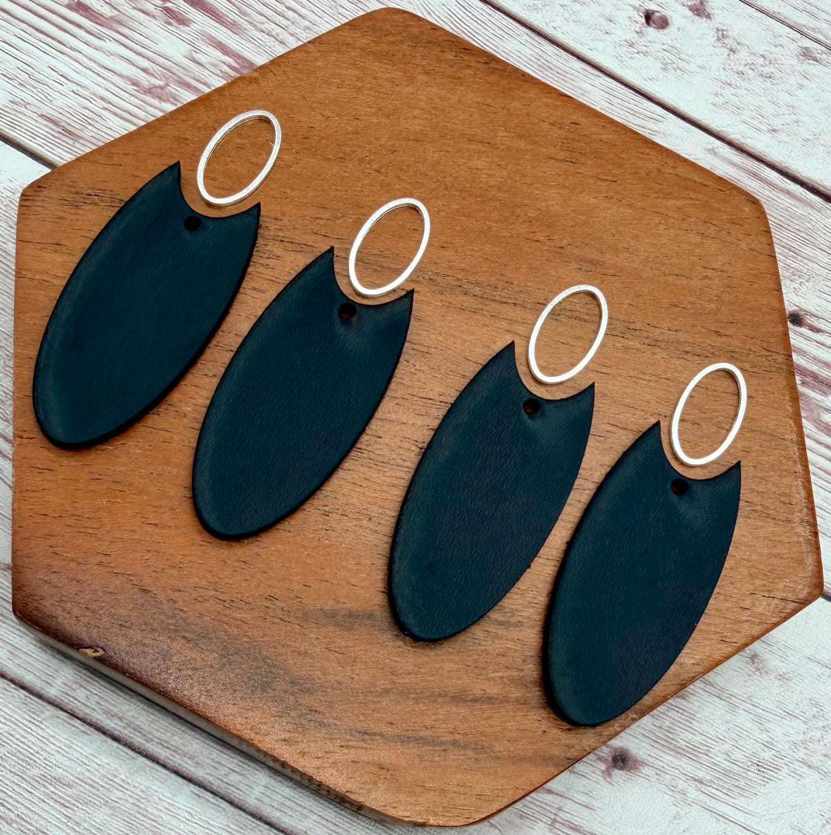 Black Vegetable Tanned Leather Elongated Oval and Silver Oval Connector Set, Earring Blanks, DIY Jewelry Making