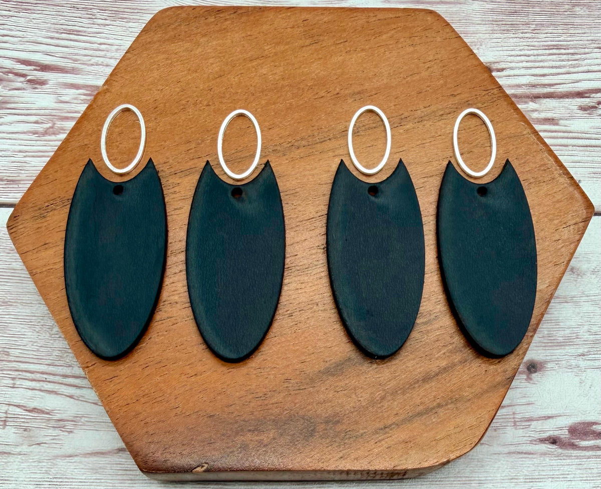 Black Vegetable Tanned Leather Elongated Oval and Silver Oval Connector Set, Earring Blanks, DIY Jewelry Making