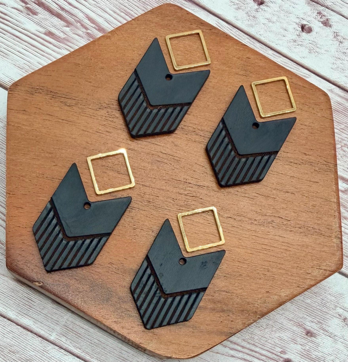 Engraved Arrow Black Vegetable Tanned Leather and Gold Connector Set Earring Blanks, DIY Jewelry Making