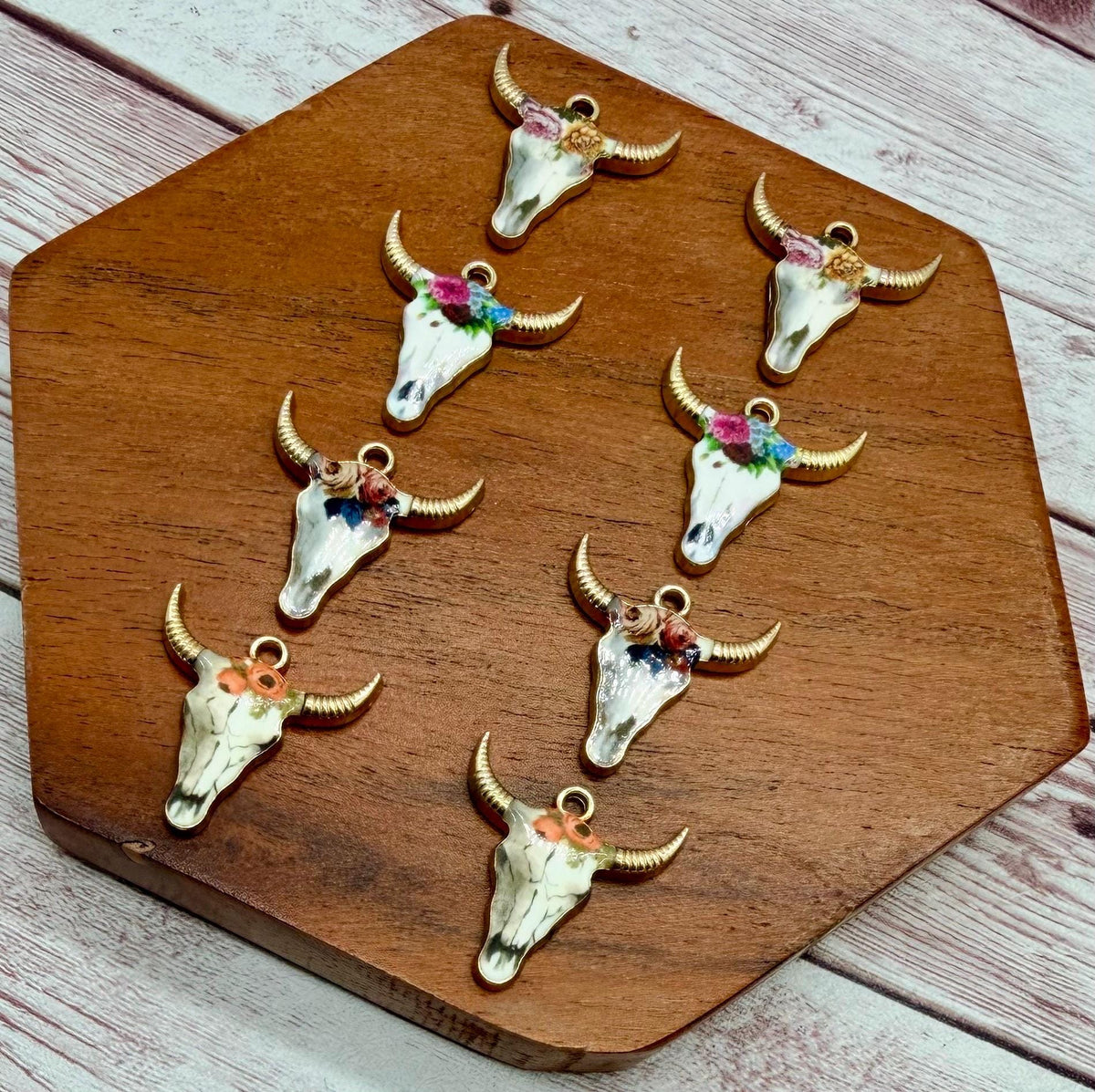 Set of 4 Pair Floral Cow Skull Enamel Earring Blanks, Western Cowboy Earring Charms, Earring Findings, DIY Jewelry Making
