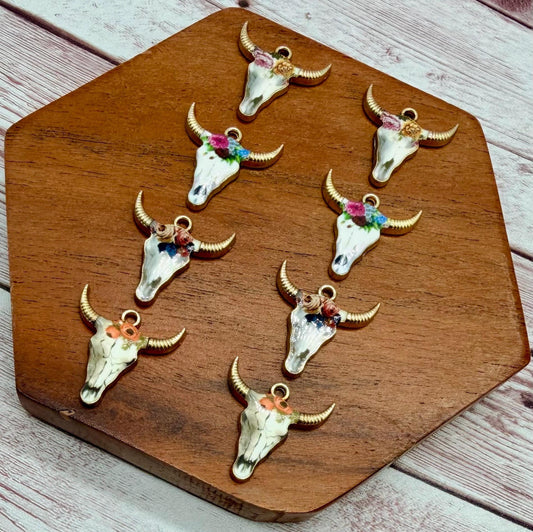 Set of 4 Pair Floral Cow Skull Enamel Earring Blanks, Western Cowboy Earring Charms, Earring Findings, DIY Jewelry Making