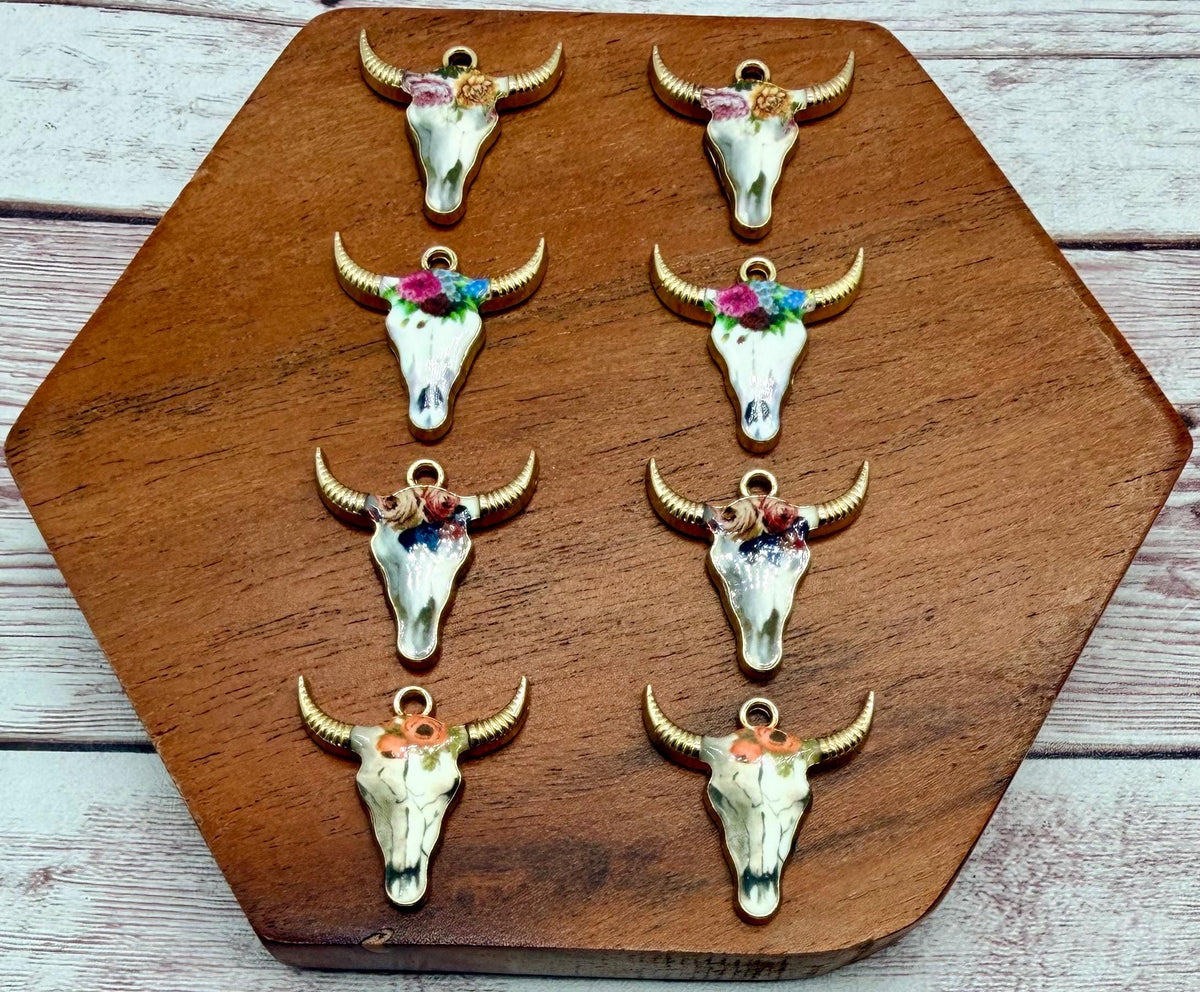 Set of 4 Pair Floral Cow Skull Enamel Earring Blanks, Western Cowboy Earring Charms, Earring Findings, DIY Jewelry Making