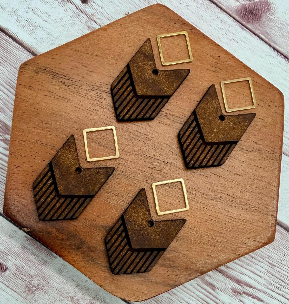 Engraved Arrow Brown Vegetable Tanned Leather and Gold Connector Set Earring Blanks, DIY Jewelry Making