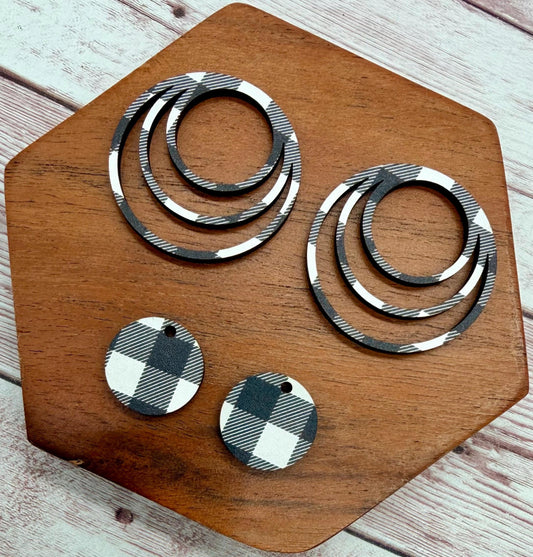 Set of 2 pair Black and White Buffalo Plaid Wood Triple Hoop Earring Blanks and Mini Circle Set, DIY Jewelry Making