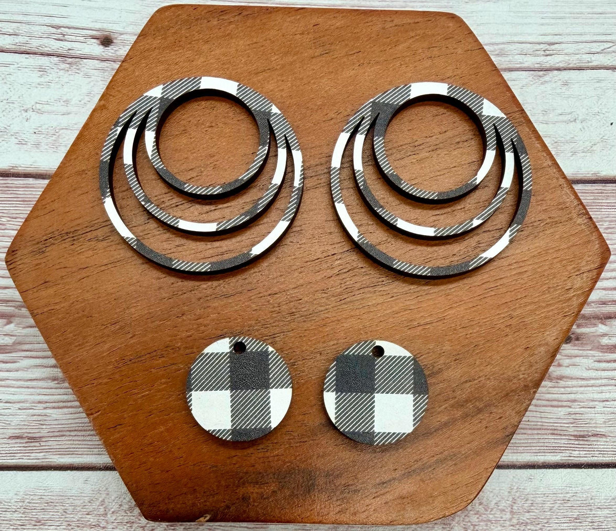 Set of 2 pair Black and White Buffalo Plaid Wood Triple Hoop Earring Blanks and Mini Circle Set, DIY Jewelry Making