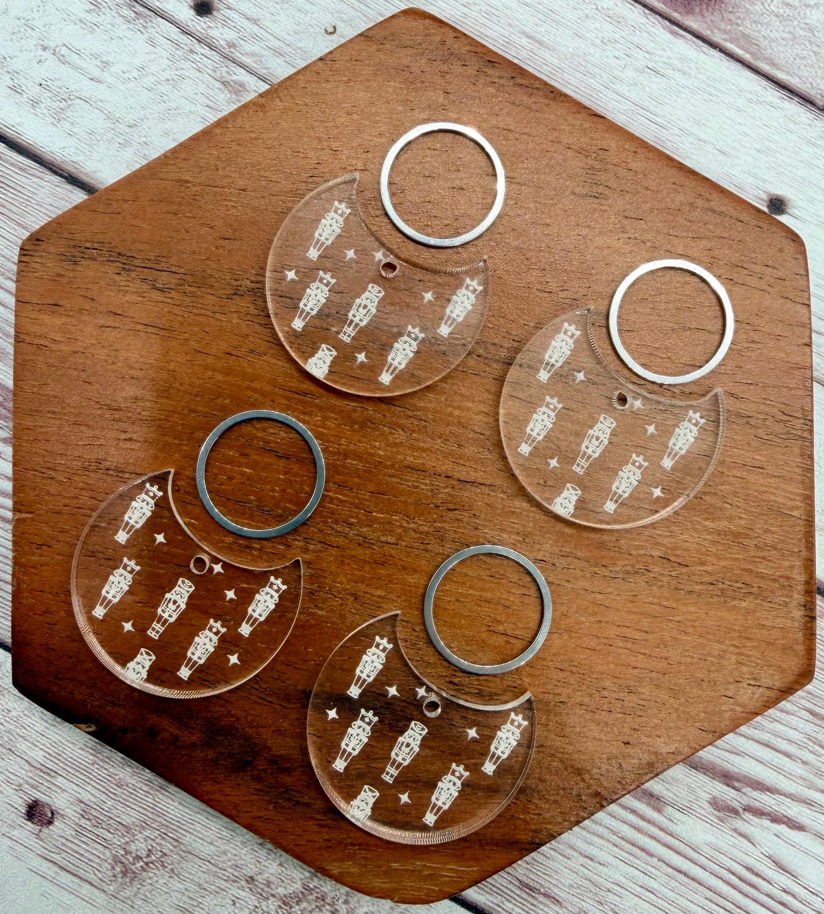Engraved Nutcracker Print Clear Acrylic and Silver Circle Set Earring Blanks, DIY Jewelry Making