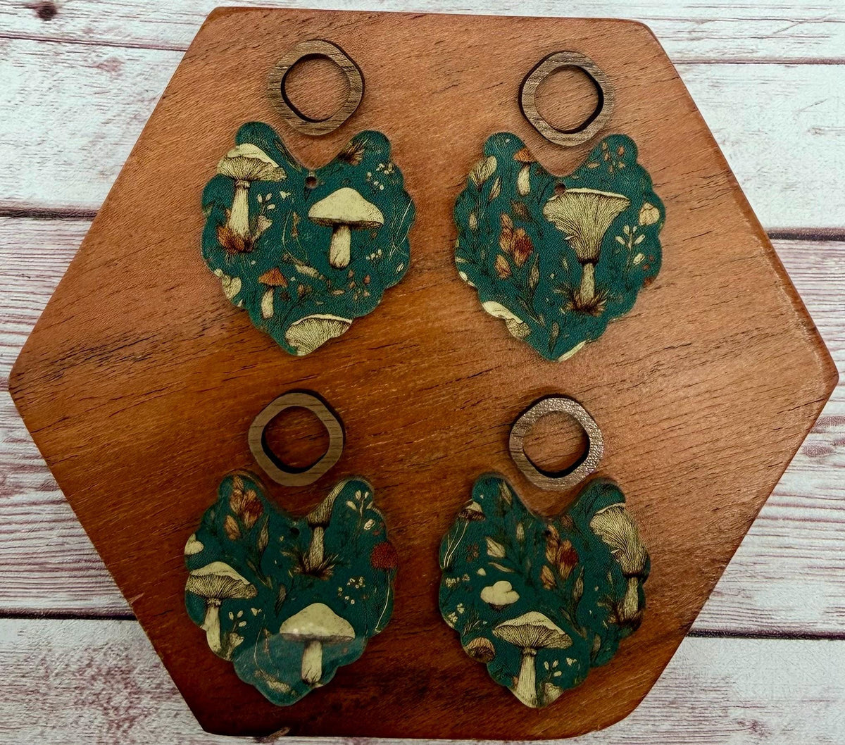 Woodland Forage Print Scalloped Acrylic and Wood Connector Set Earring Blanks, DIY Jewelry Making