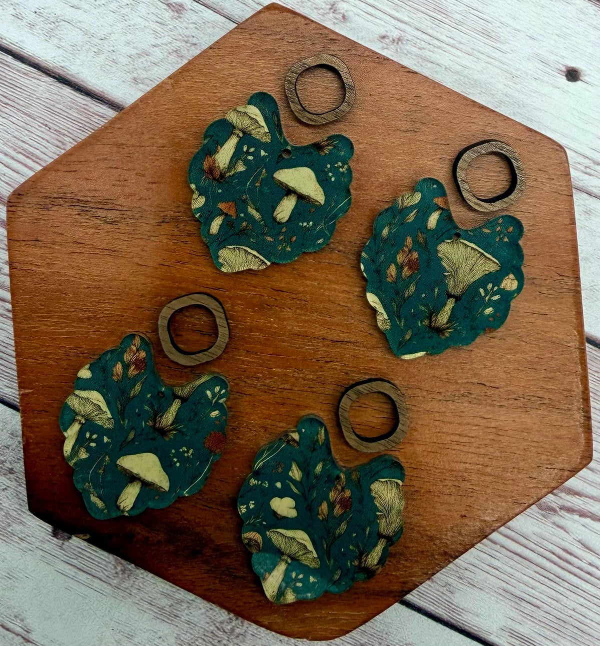 Woodland Forage Print Scalloped Acrylic and Wood Connector Set Earring Blanks, DIY Jewelry Making