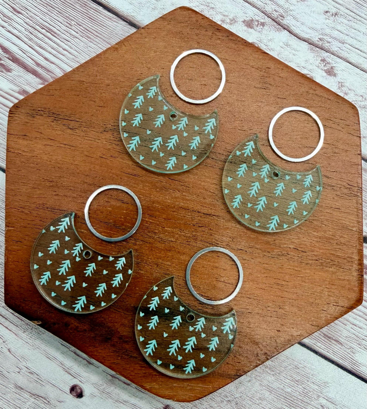 Engraved Winter Tree and Heart Green Glass Acrylic and Silver Circle Set Earring Blanks, DIY Jewelry Making