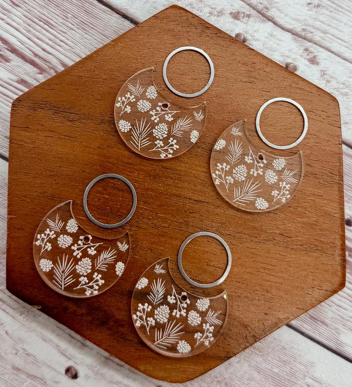 Engraved Winter Foilage Clear Acrylic and Silver Circle Set Earring Blanks, DIY Jewelry Making
