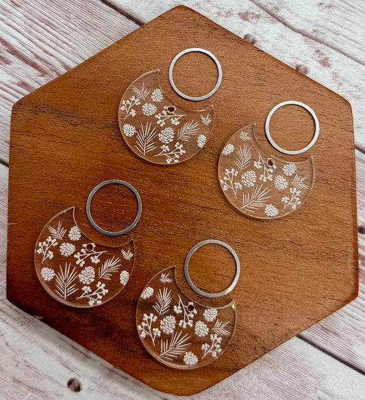 Engraved Winter Foilage Clear Acrylic and Silver Circle Set Earring Blanks, DIY Jewelry Making
