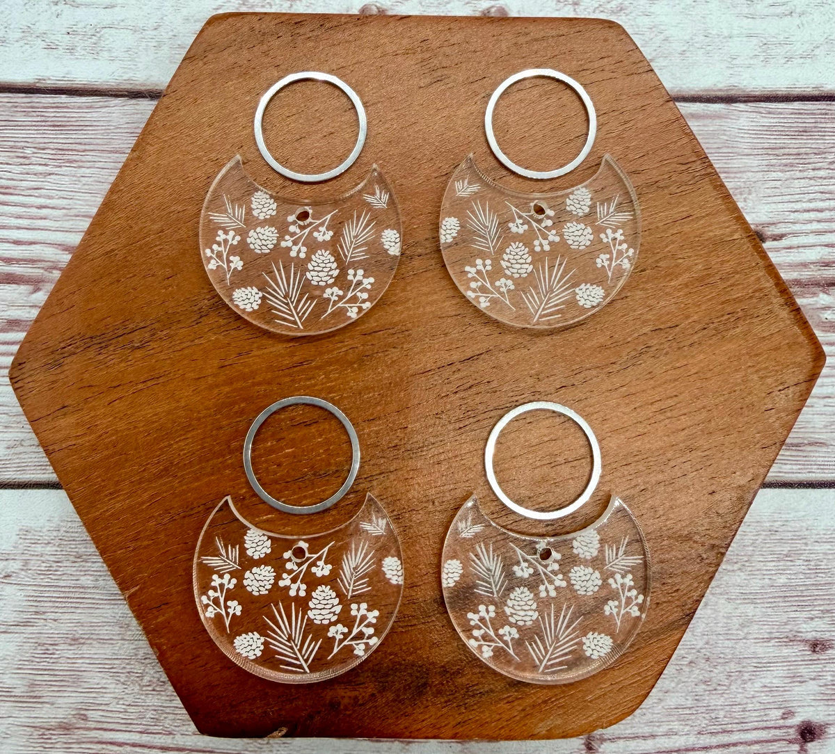 Engraved Winter Foilage Clear Acrylic and Silver Circle Set Earring Blanks, DIY Jewelry Making