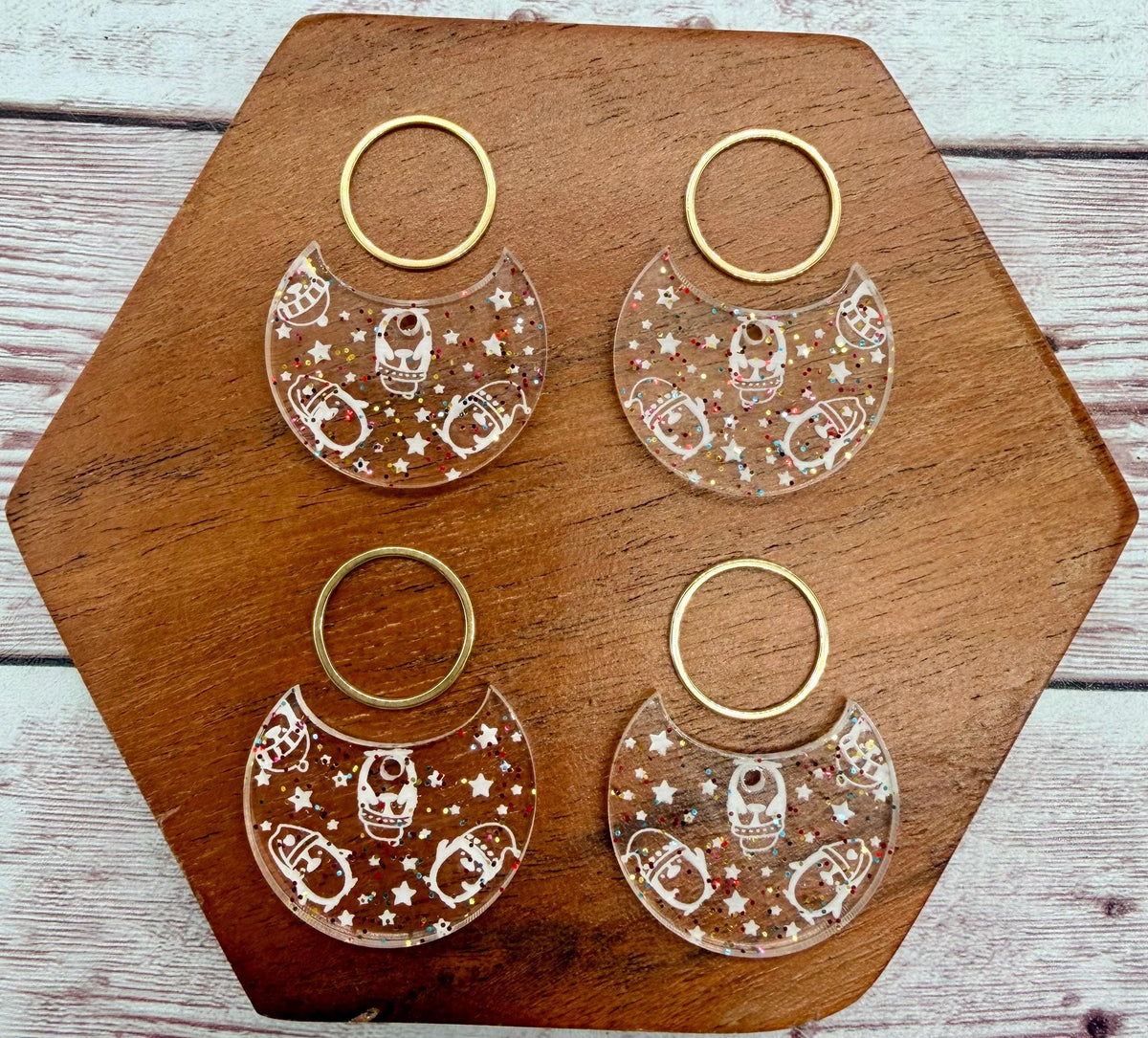 Engraved Winter Penguins Clear Glitter Acrylic and Gold Circle Set Earring Blanks, DIY Jewelry Making