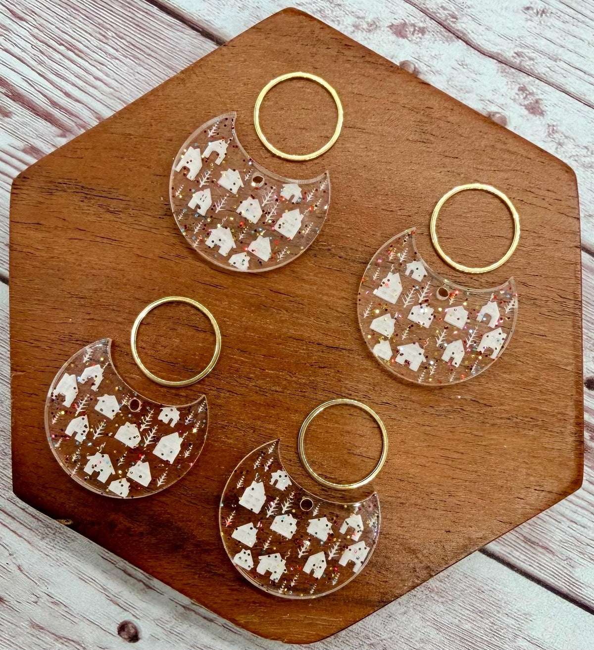 Engraved Winter Cottages Clear Glitter Acrylic and Gold Circle Set Earring Blanks, DIY Jewelry Making