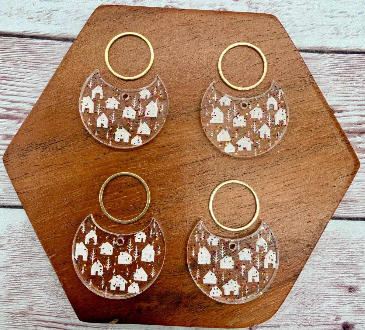 Engraved Winter Cottages Clear Glitter Acrylic and Gold Circle Set Earring Blanks, DIY Jewelry Making