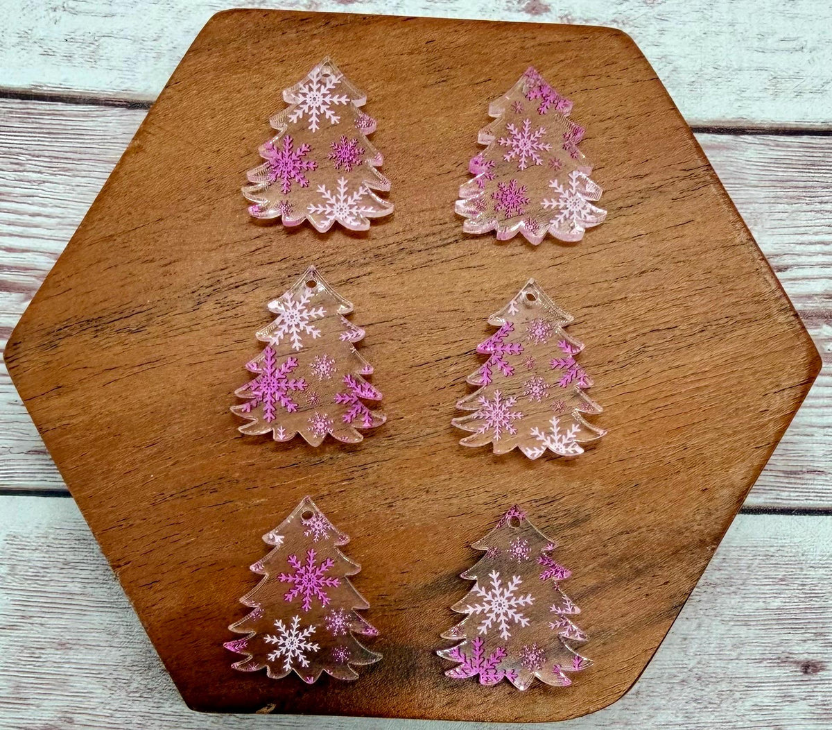 Set of 3 Pair Pink Snowflake Print Mini Chunky Tree, Winter Christmas, Earring Blanks DIY Jewelry Making