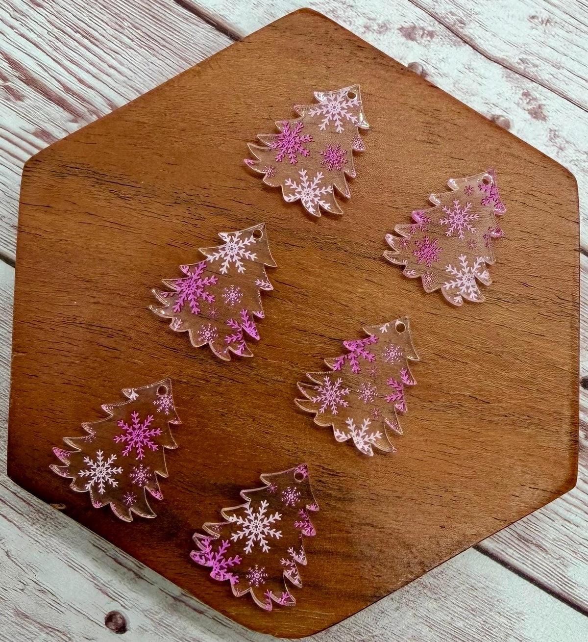 Set of 3 Pair Pink Snowflake Print Mini Chunky Tree, Winter Christmas, Earring Blanks DIY Jewelry Making