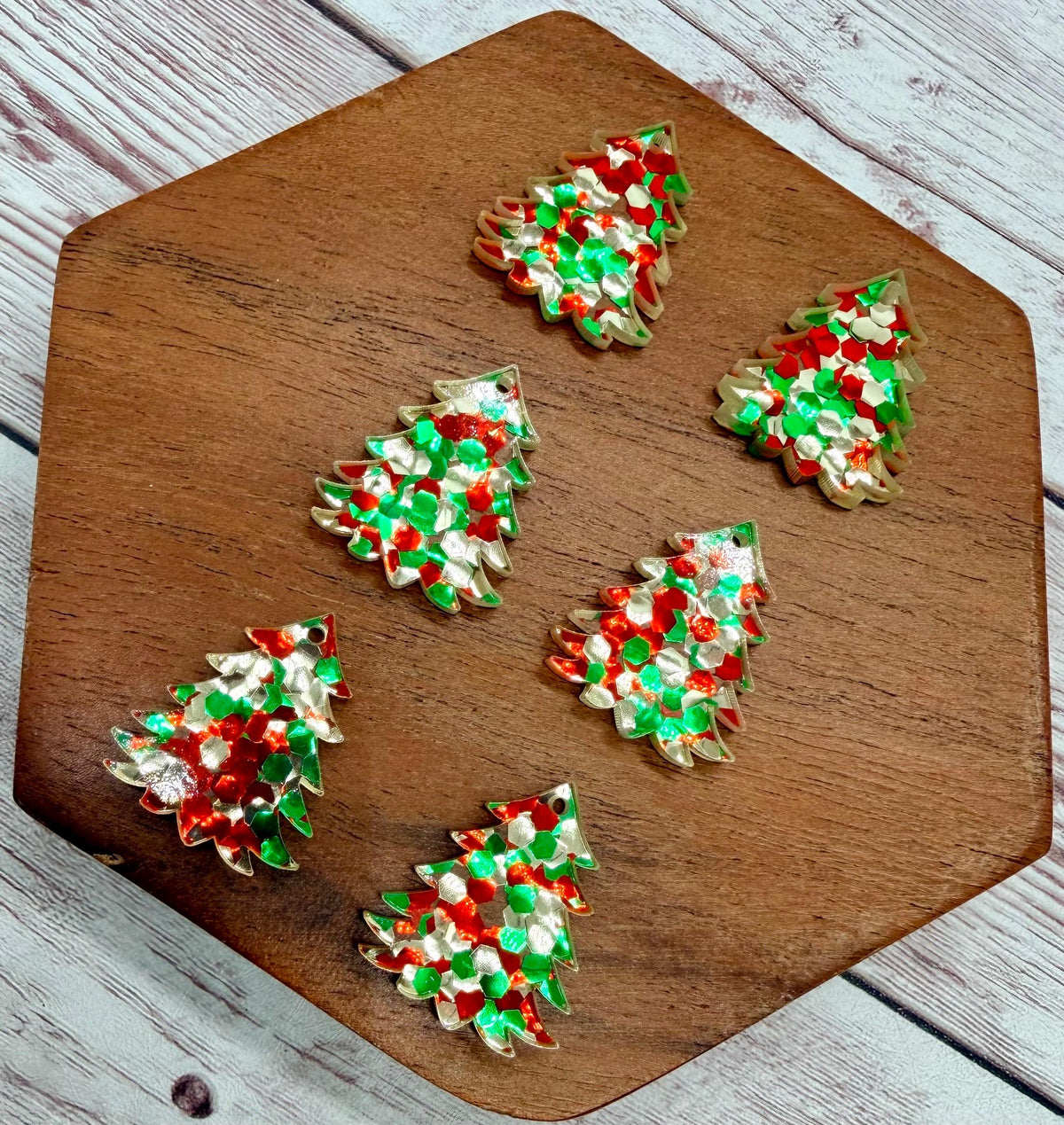 Set of 3 Pair Christmas Hex Glitter Mini Chunky Tree, Winter Christmas, Earring Blanks DIY Jewelry Making