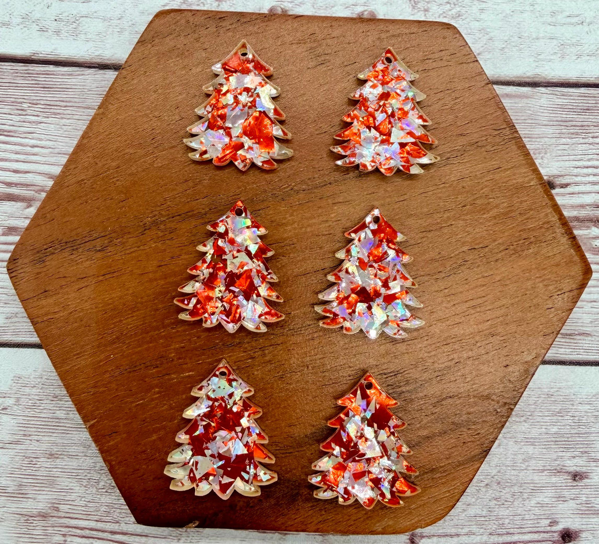 Set of 3 Pair Red and Silver Flake Glitter Mini Chunky Tree, Winter Christmas, Earring Blanks DIY Jewelry Making