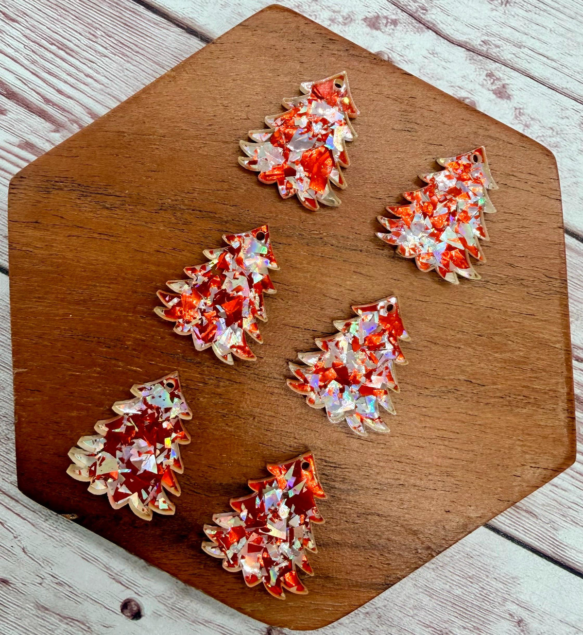 Set of 3 Pair Red and Silver Flake Glitter Mini Chunky Tree, Winter Christmas, Earring Blanks DIY Jewelry Making