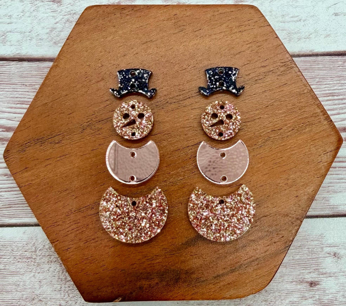 Rose Gold Toned Stacked Snowman Acrylic Earring Blanks, Christmas, Winter, DIY Jewelry Making