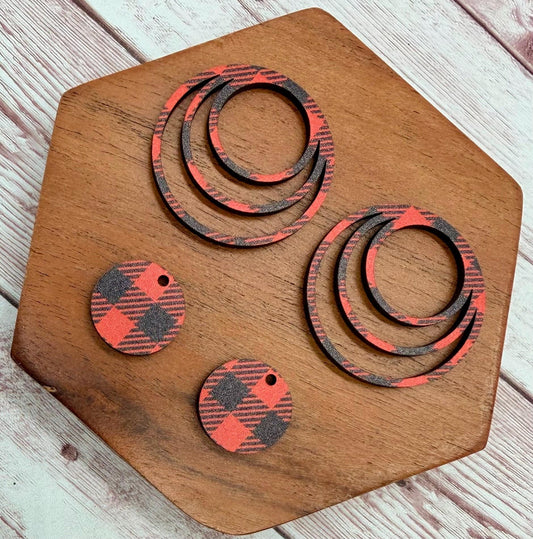 Set of 2 pair Red and Black Buffalo Plaid Wood Triple Hoop Earring Blanks and Mini Circle Set, DIY Jewelry Making