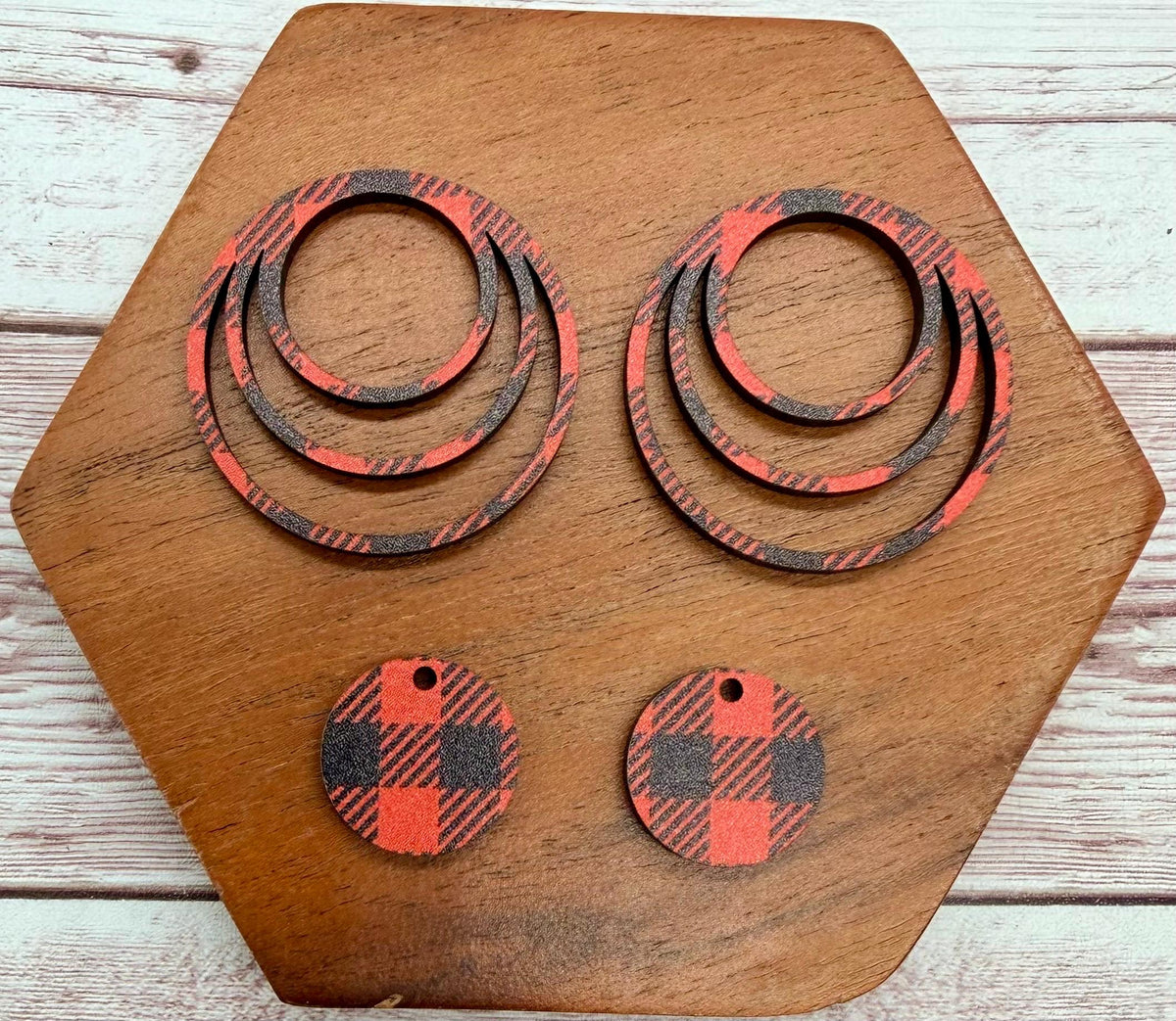 Set of 2 pair Red and Black Buffalo Plaid Wood Triple Hoop Earring Blanks and Mini Circle Set, DIY Jewelry Making
