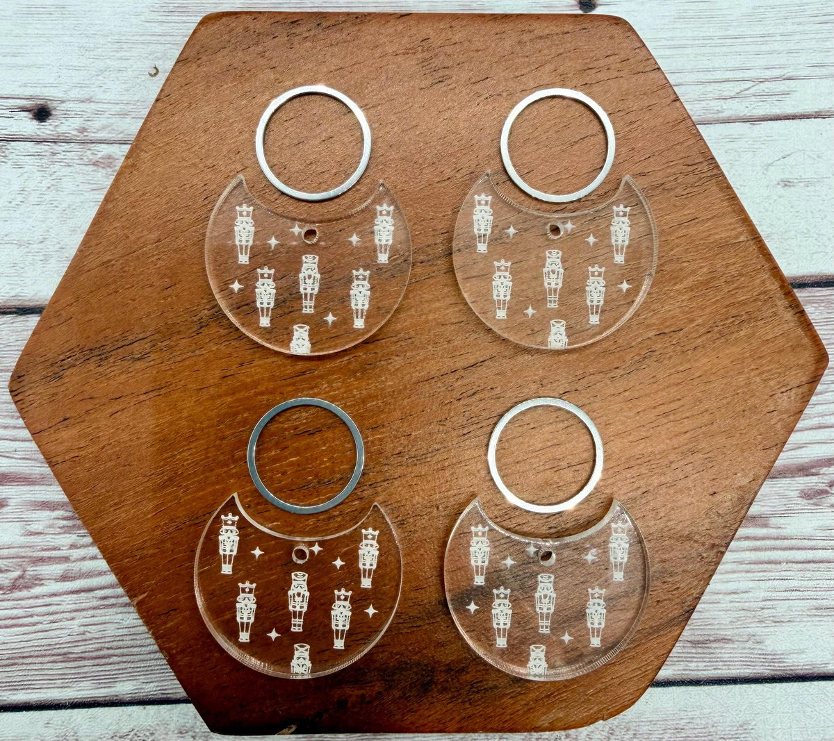 Engraved Nutcracker Print Clear Acrylic and Silver Circle Set Earring Blanks, DIY Jewelry Making
