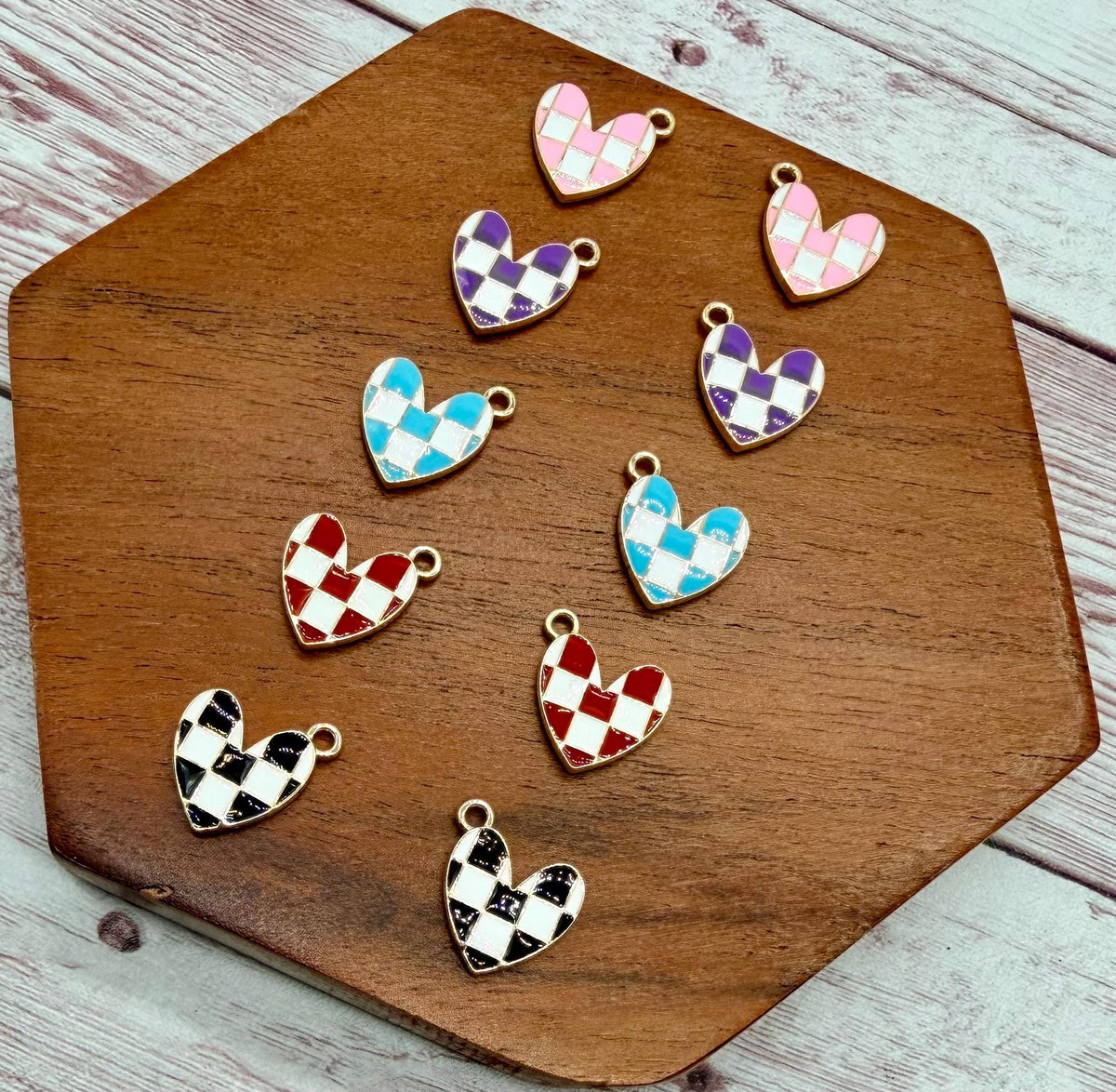 Set of 5 Pair Enamel Checkered Heart Earring Charms, Valentine, Earring Findings, DIY Jewelry Making