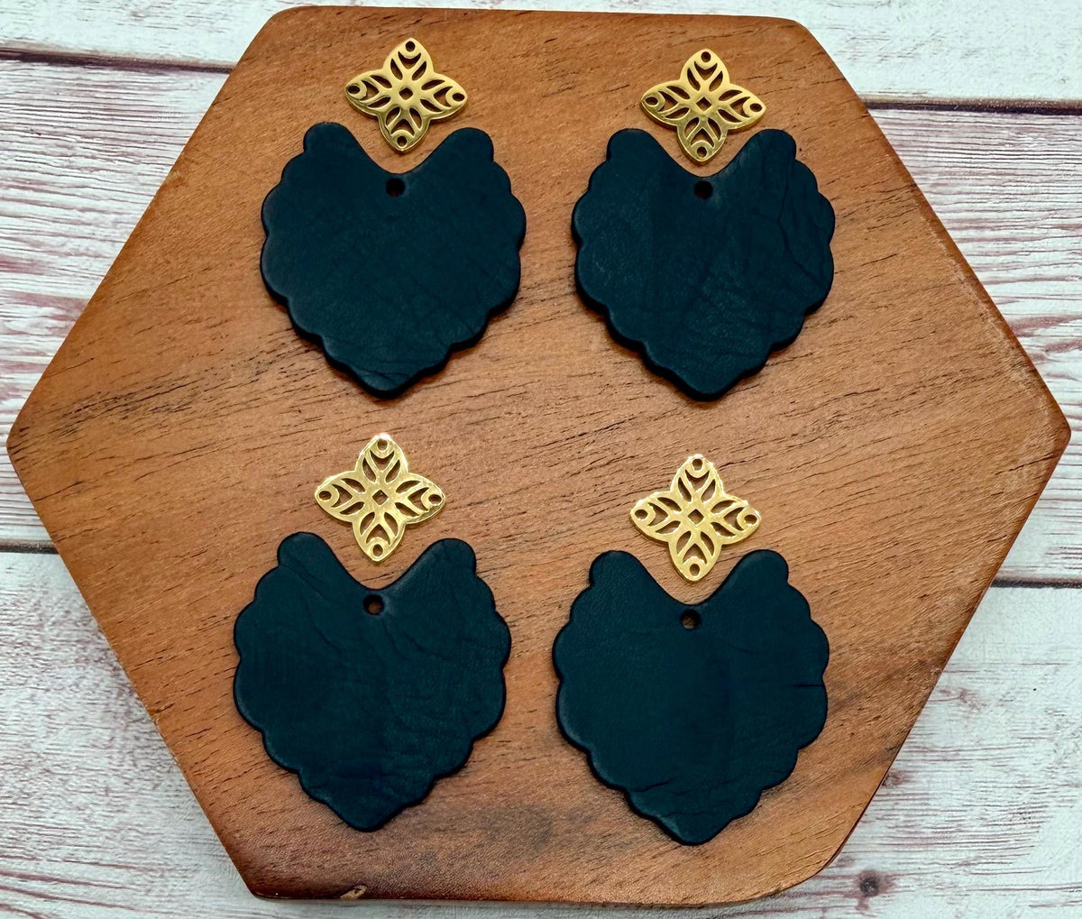 Scalloped Black Vegetable Tanned Leather and Intricate Gold Connector Set Earring Blanks, DIY Jewelry Making