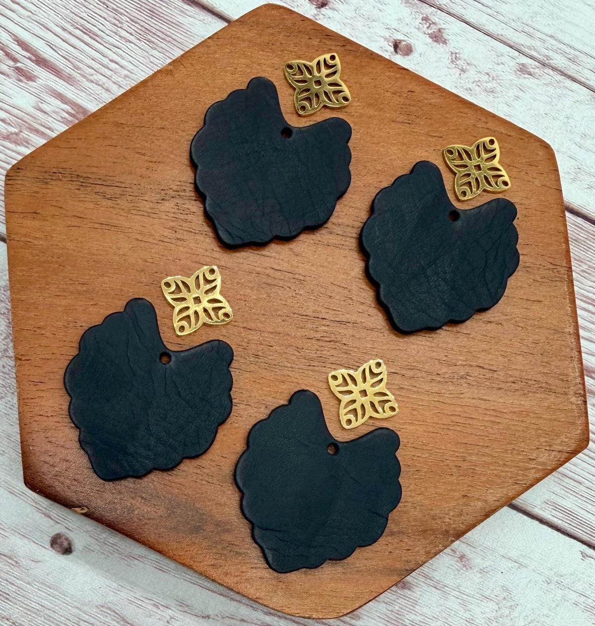 Scalloped Black Vegetable Tanned Leather and Intricate Gold Connector Set Earring Blanks, DIY Jewelry Making