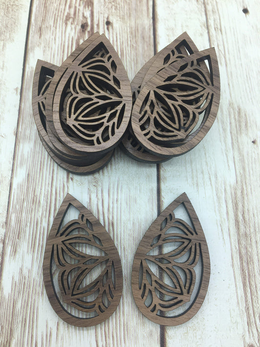 Wood Teardrop Double Flower Earring Blanks, Finished Walnut Blank, DIY Jewelry Making