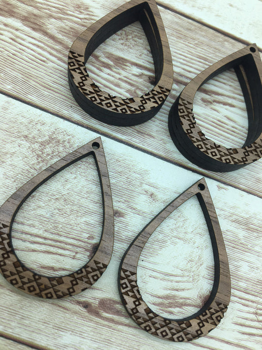 Wood Open Teardrop Engraved Aztec Print Earring Blanks, Finished Walnut Blank, DIY Jewelry Making