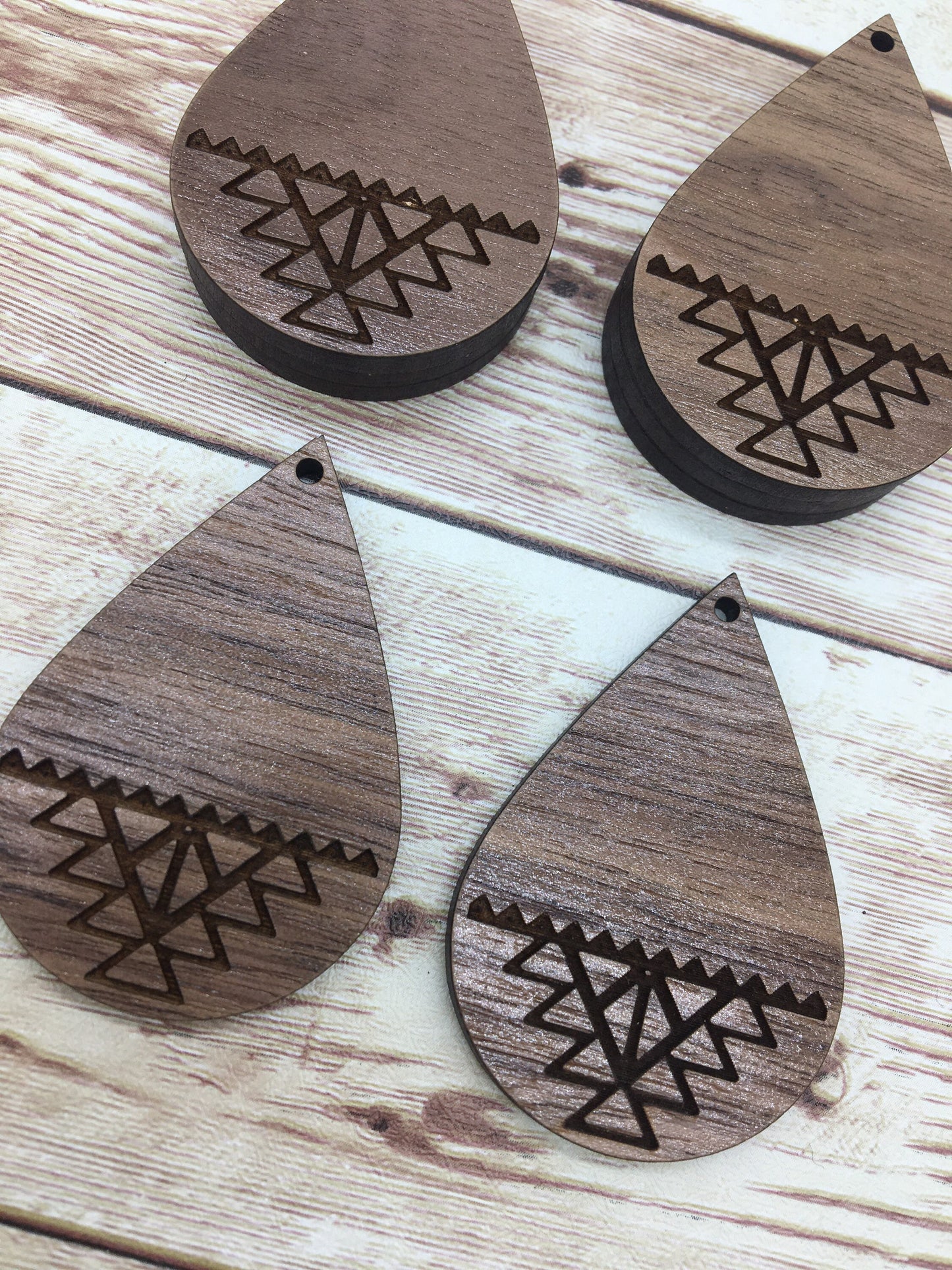 Wood Teardrop Engraved Aztec Print Earring Blanks, Finished Walnut Blank, DIY Jewelry Making