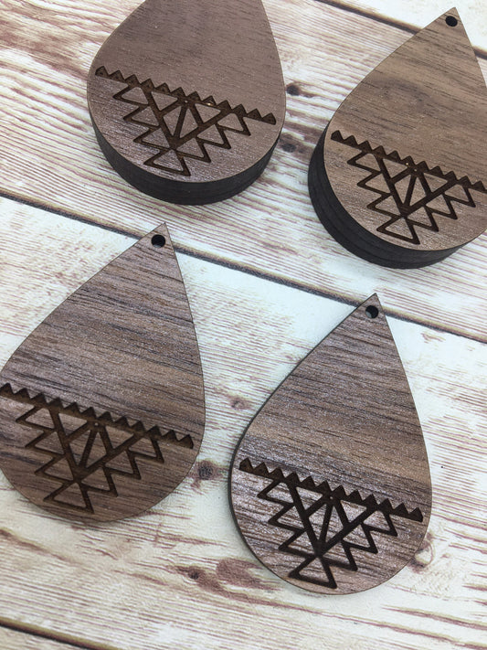 Wood Teardrop Engraved Aztec Print Earring Blanks, Finished Walnut Blank, DIY Jewelry Making