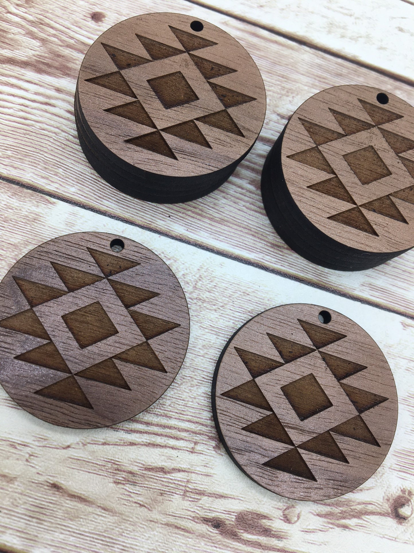 Wood Circle Large Engraved Aztec Print Earring Blanks, Finished Walnut Blank, DIY Jewelry Making