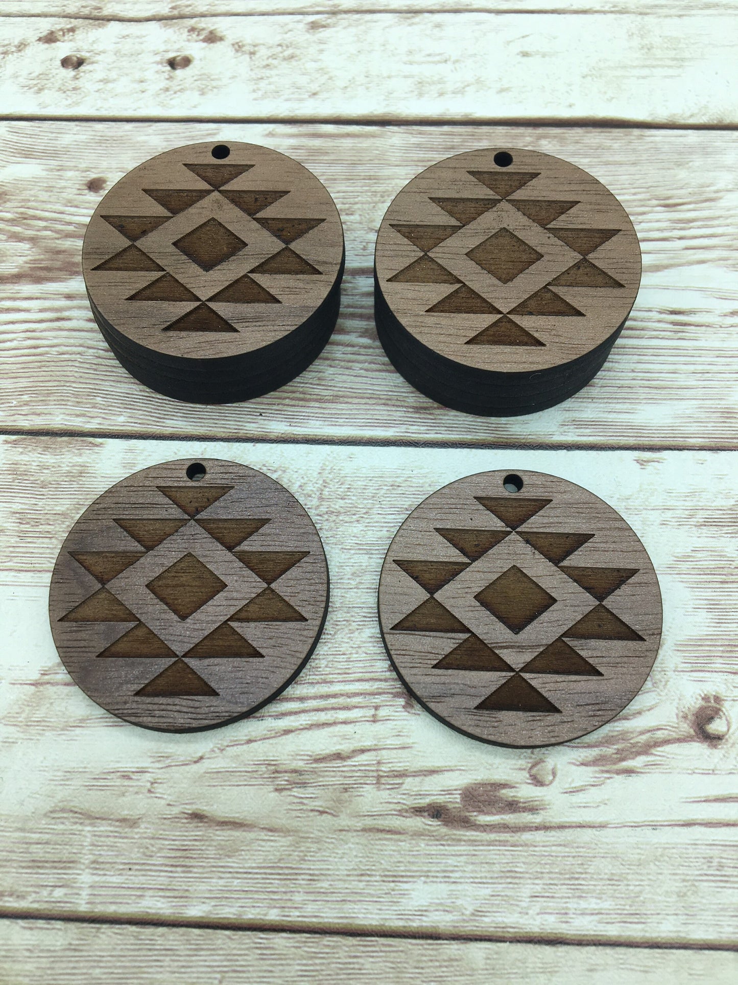 Wood Circle Large Engraved Aztec Print Earring Blanks, Finished Walnut Blank, DIY Jewelry Making