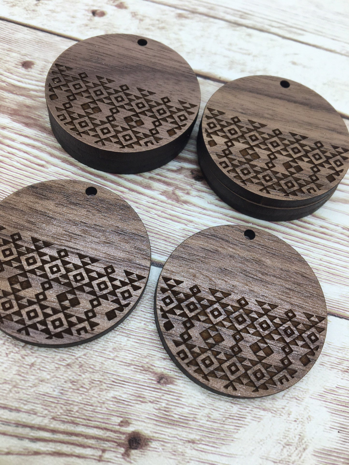 Wood Circle Engraved Aztec Print Earring Blanks, Finished Walnut Blank, DIY Jewelry Making