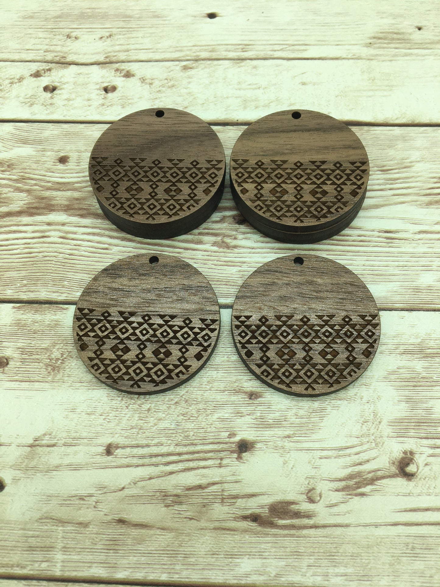 Wood Circle Engraved Aztec Print Earring Blanks, Finished Walnut Blank, DIY Jewelry Making