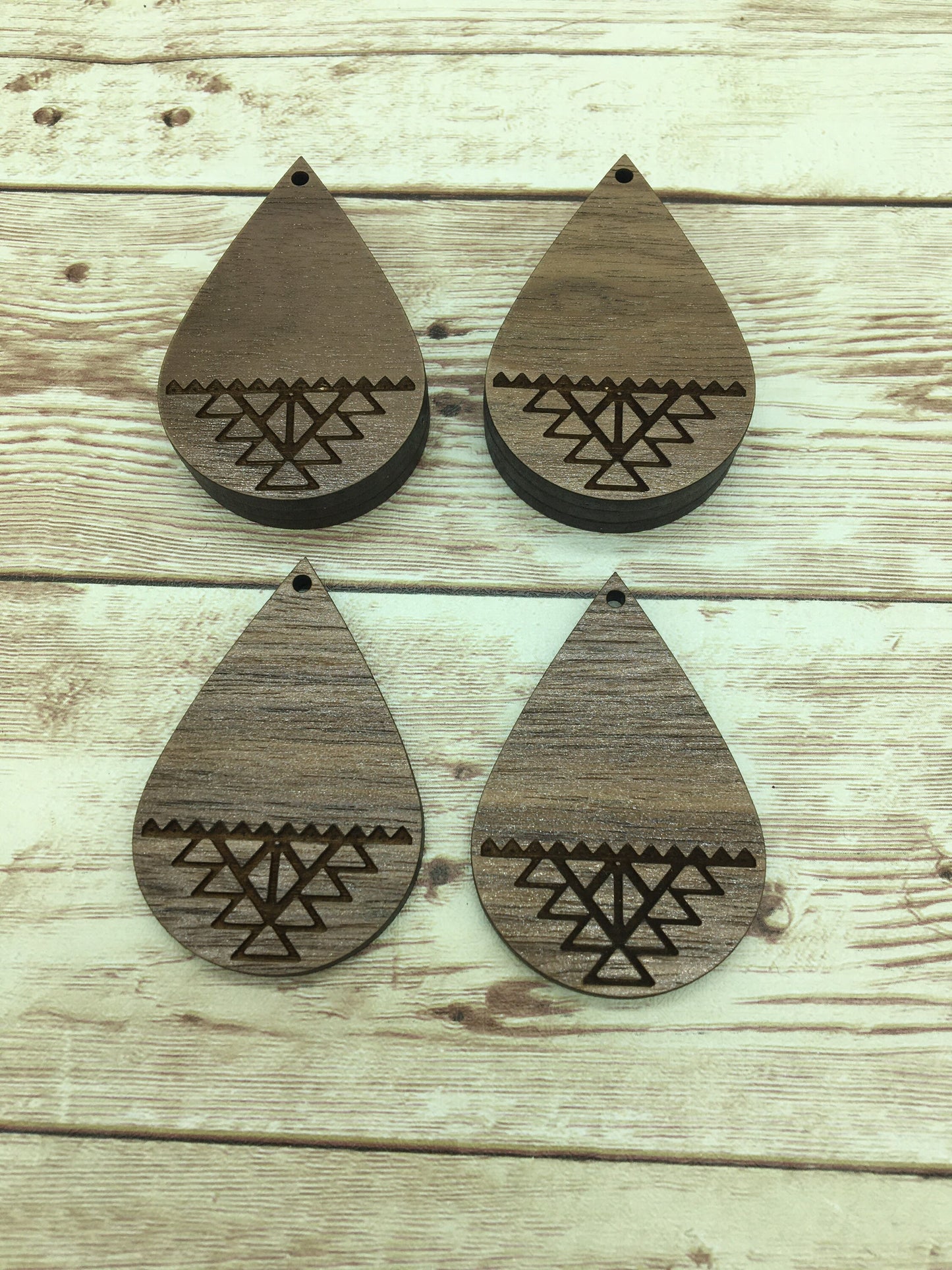 Wood Teardrop Engraved Aztec Print Earring Blanks, Finished Walnut Blank, DIY Jewelry Making