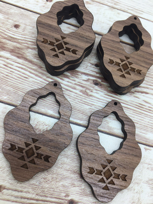 Wood Wavy Shape Engraved Aztec Print Earring Blanks, Finished Walnut Blank, DIY Jewelry Making