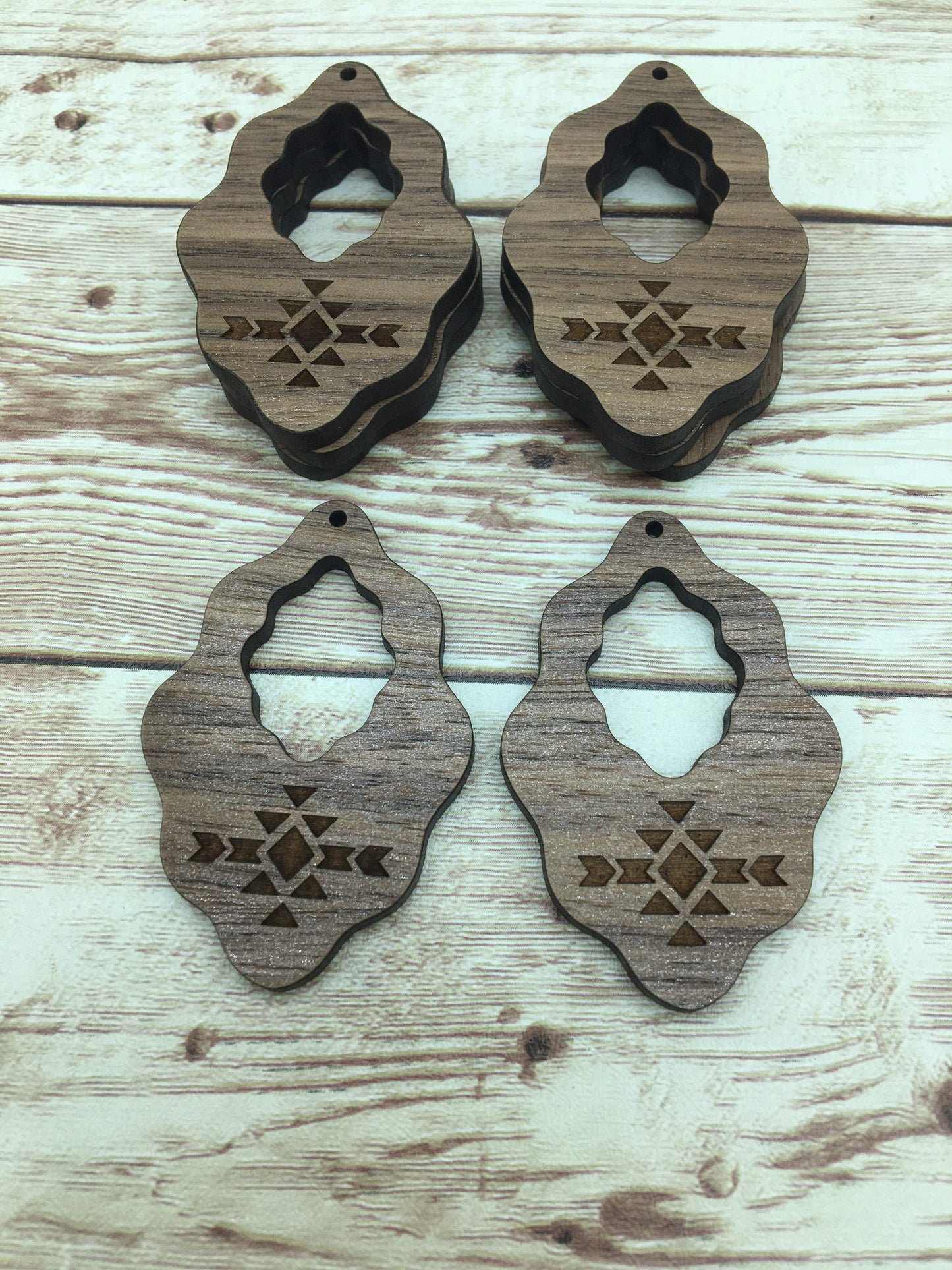 Wood Wavy Shape Engraved Aztec Print Earring Blanks, Finished Walnut Blank, DIY Jewelry Making