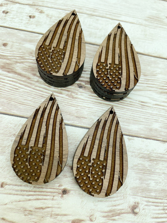 Wood Teardrop Engraved American Flag Earring Blanks, Finished Walnut Blank, DIY Jewelry Making