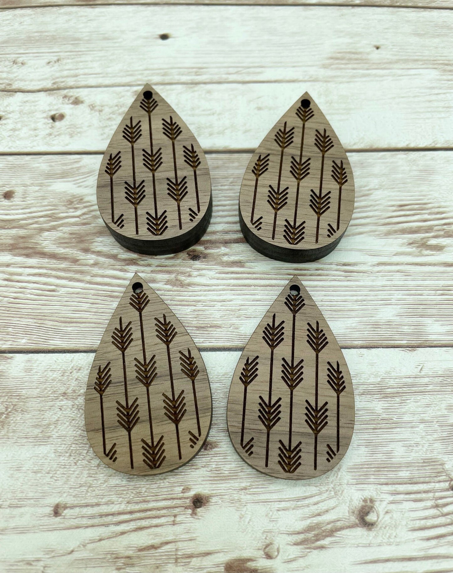 Wood Teardrop Engraved Arrows Earring Blanks, Finished Walnut Blank, DIY Jewelry Making