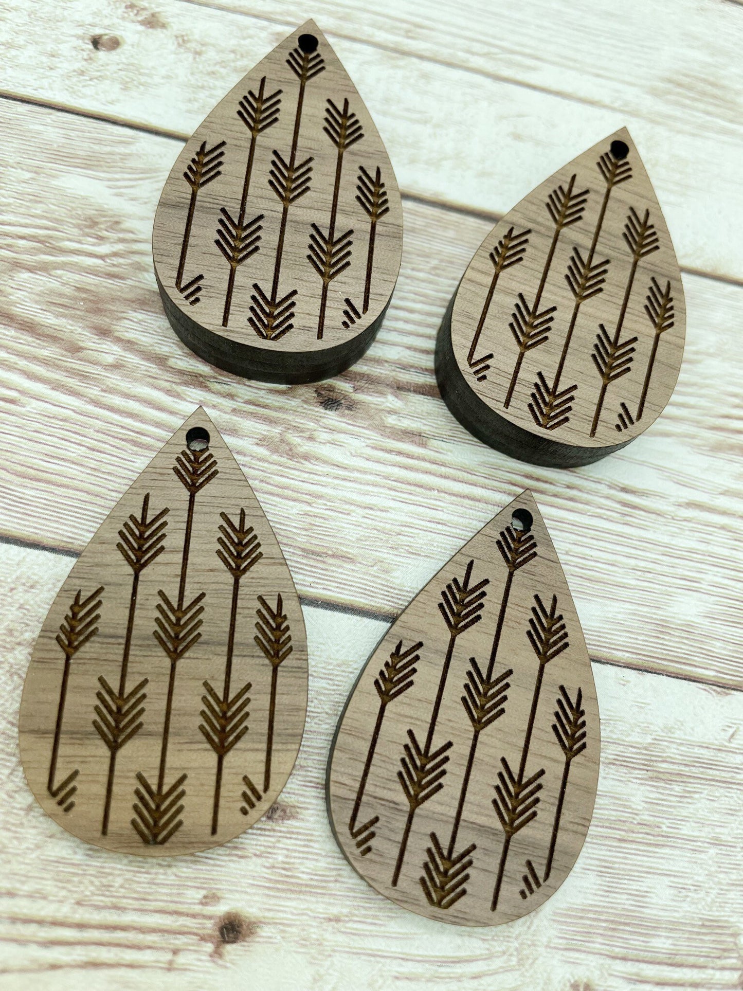 Wood Teardrop Engraved Arrows Earring Blanks, Finished Walnut Blank, DIY Jewelry Making