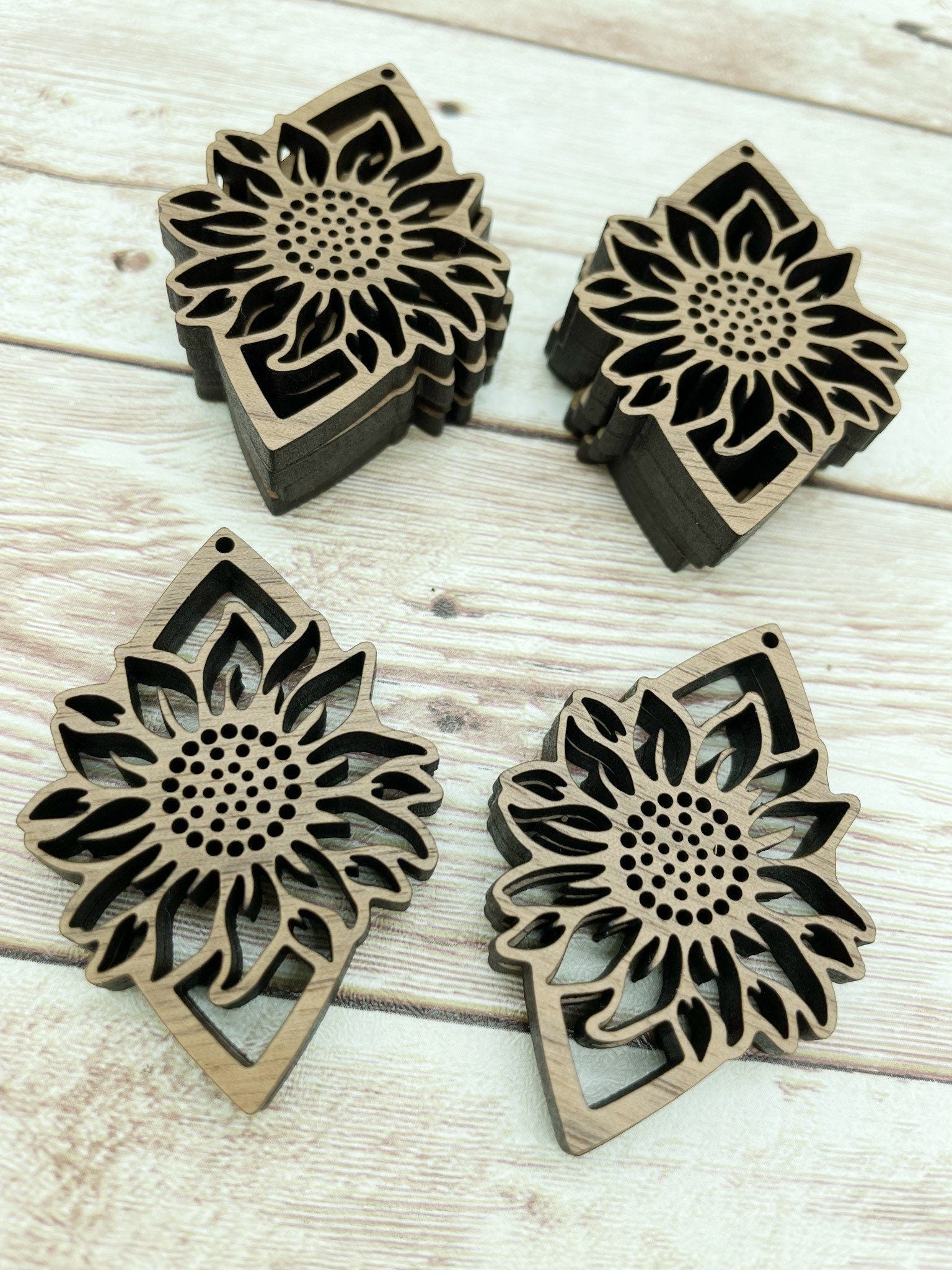 Wood Teardrop Full Sunflower Earring Blanks, Finished Walnut Blank, DIY Jewelry Making